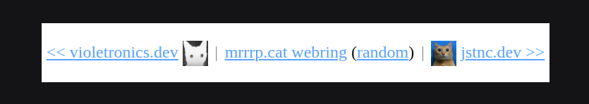 mrrrp.cat webring where the iframe background colour (white) is mismatched to the website background (dark)